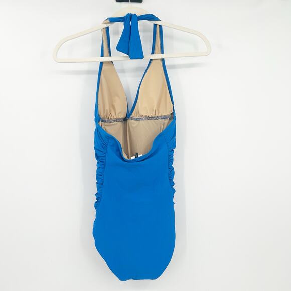 J Crew Womens Beach Tropical Summer Ruched Halter One Piece Swimsuit Size 2 Blue - Picture 9 of 9
